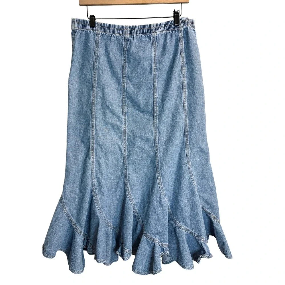 Vintage BFA Classics Blue Denim Ruffle Mermaid Flounce Midi Skirt Medium - Picture 2 of 8